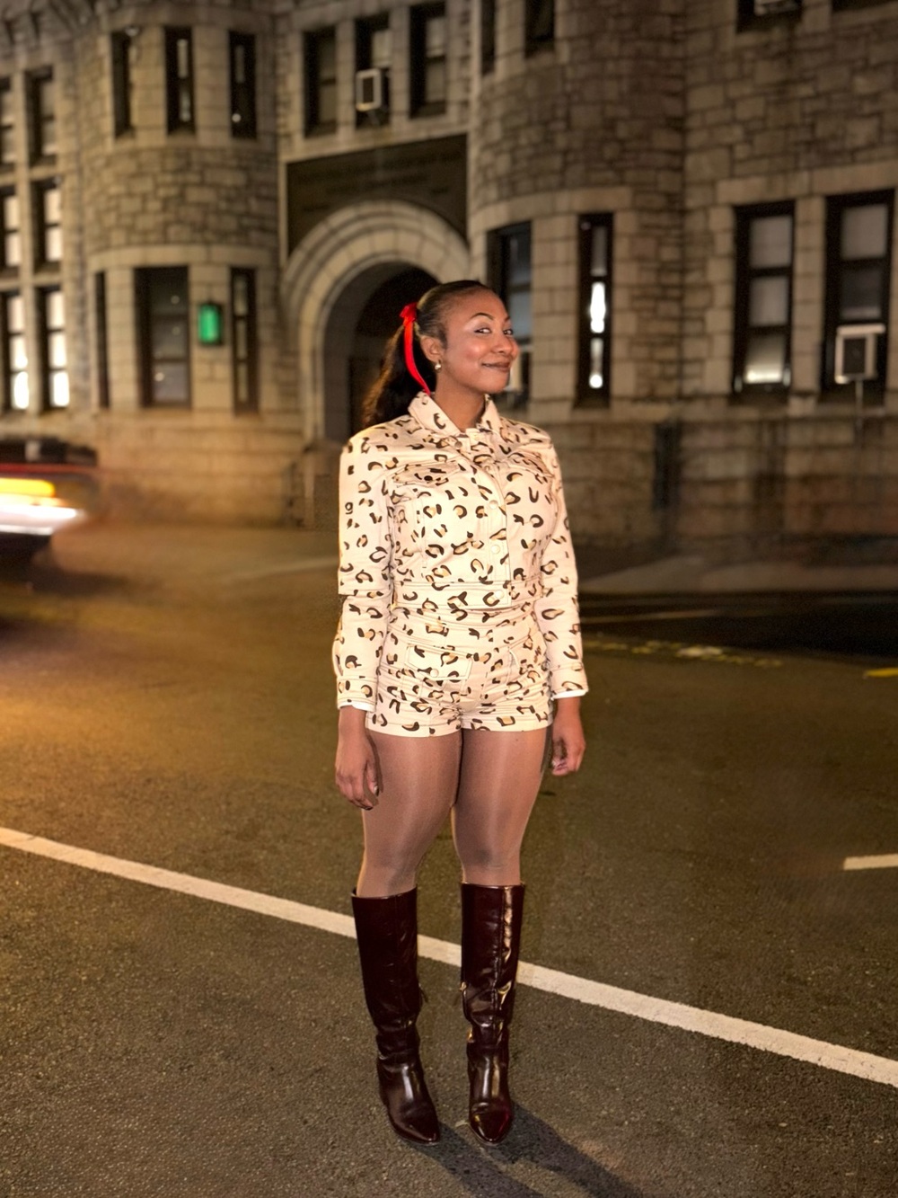 Avec Les Filles Beige Leopard Print Jean Jacket with Brown and Tan Spots
